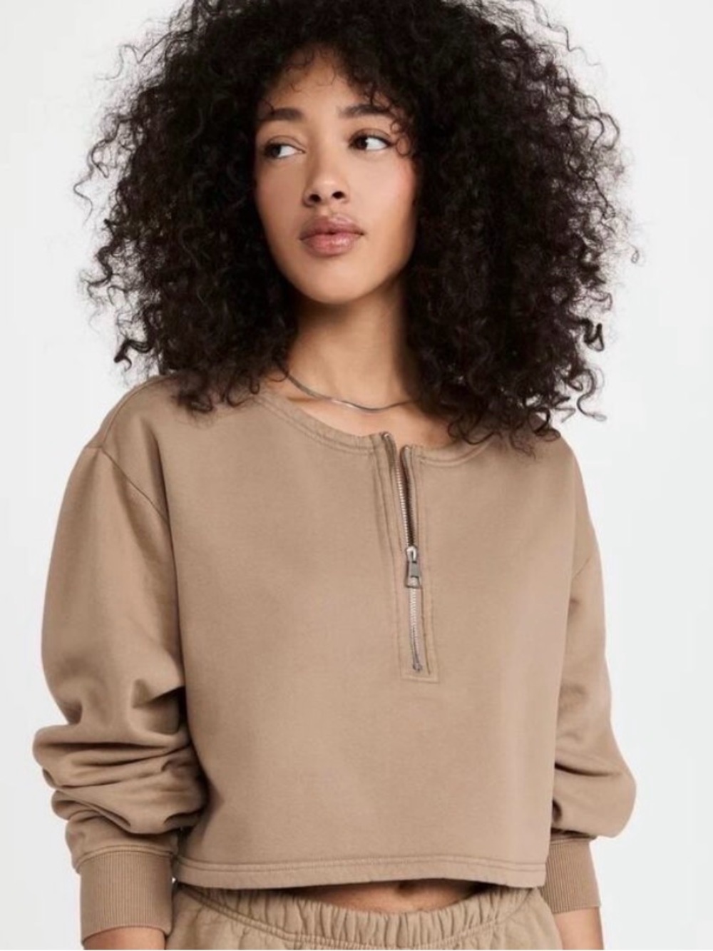 Good American Cropped Half-Zip Sweatshirt - Tan with matching pants sz small